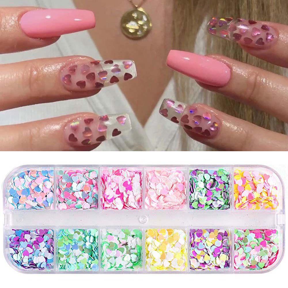 Mxbeauty Nail Art Payet Wanita 12kisi Manikur Aksesoris DIY Perhiasan Kuku Nail Art Patchs Heart Nail Art Sequin