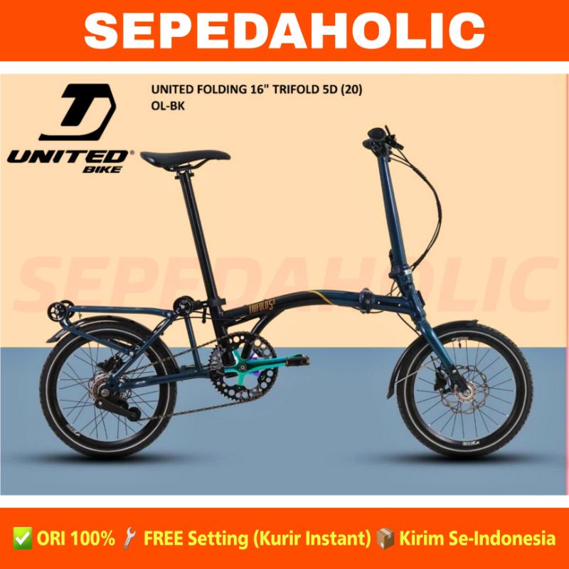 Sepeda Lipat UNITED TRIFOLD 5D Ukuran 16 Inch Alloy 5 Speed Sturmey Rem Hidrolik Garansi Resmi 5 Tah