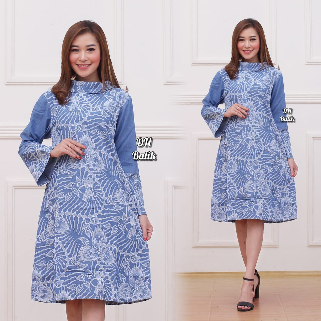 New Tunik Batik Wanita Bahan Denim Motif Wayang Modern Berkualitas - Ory DN Batik