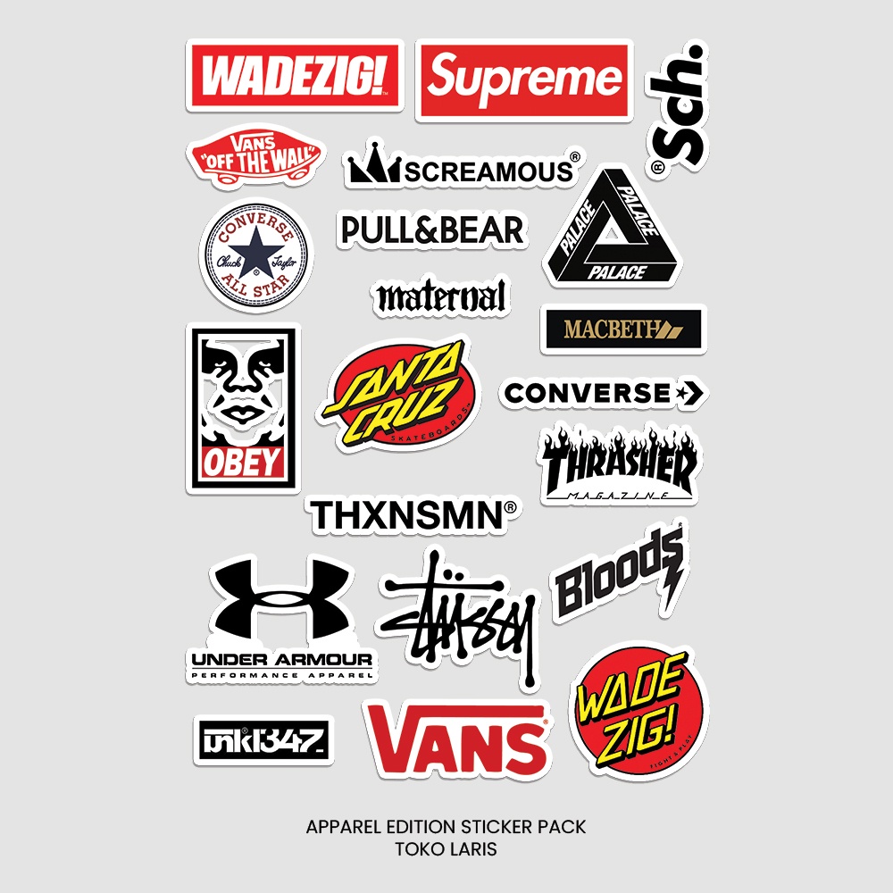 Sticker Pack 20 PCS Brand Apparel Untuk Laptop, Tumblr, Helm, Case | Sticker Laptop, Sticker Tumblr