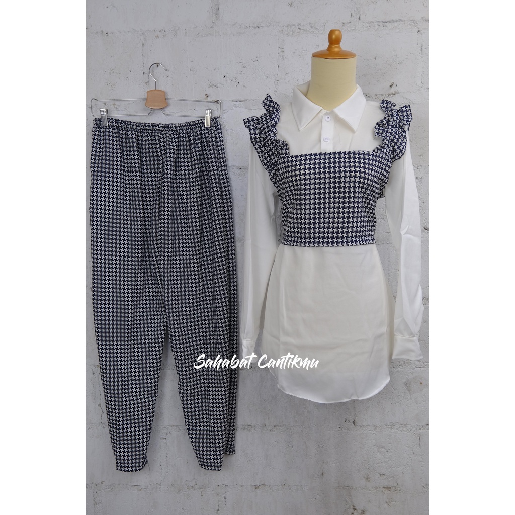 Setelan  Tunik Kotak hitam Bahan Syakila Halus By Ievey