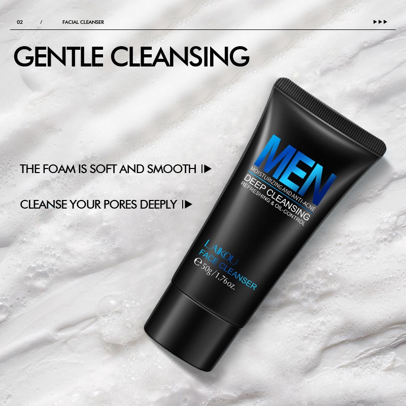LAIKOU Men Face Wash Cleanser Mengontrol Minyak Mengurangi Jerawat Membersihkan Pori-pori 50g