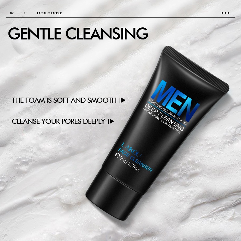 LAIKOU Men Foam Pembersih Wajah Cleanser Anti-Jerawat Kontrol Minyak Pembersih Pori-pori 50g