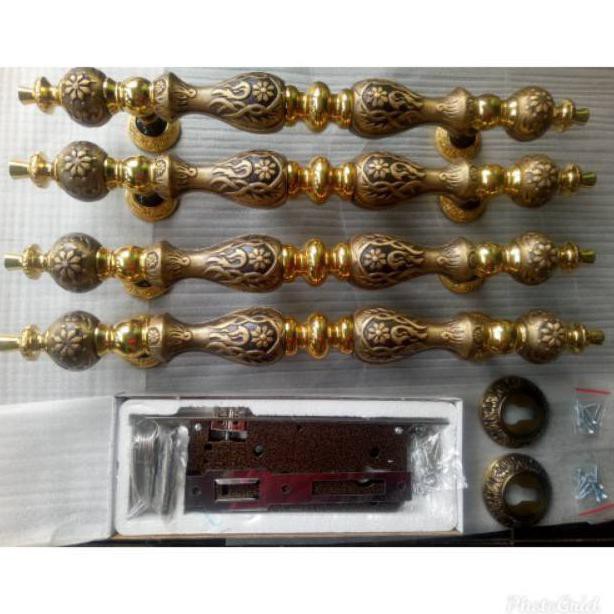 Handle pintu rumah kuningan motif manggis set kunci Terbaik