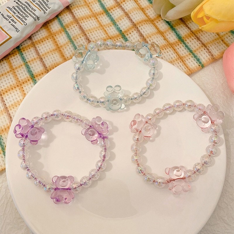 Gelang Tangan Cute Bear Bracelet Head Rope Crystal Beads Hair Tie Ins Hand Aksesoris Wanita