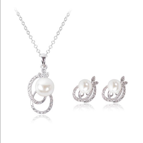 LRCFashion Silver Color Big Pearls Decorated Double Round Shape Simple Jewelry Sets 2pc