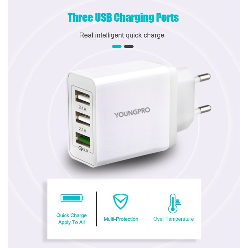 YOUNGPRO YPC03 28W 3 Port Quick Charge QC 3.0 Fast Charging