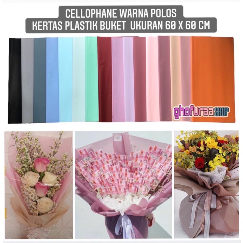 

Cellophane warna polos kertas buket bunga plastik bouquet balon uang balon gift wrapping transparan warna aksesoris pesta warna hitam abu merah biru pink ungu hijau khaki coklat lilac plump dusty pink