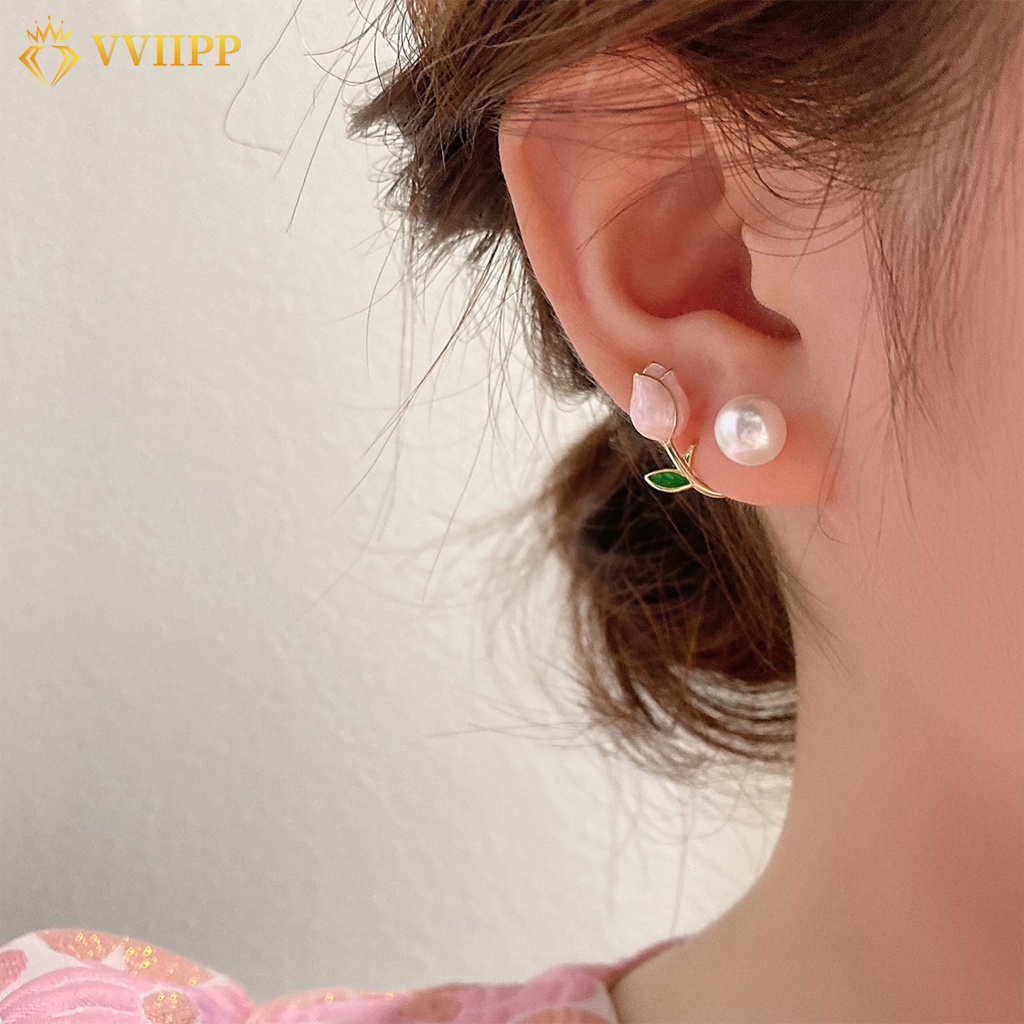 Anting Stud Bentuk Bunga Tulip Aksen Mutiara Warna Pink Untuk Wanita