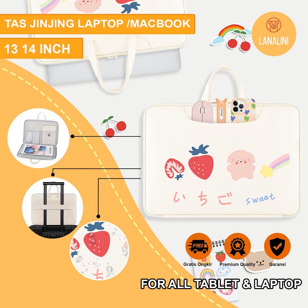 Sleeve Pouch Sarung Tas Bag Case Ipad Tab Tablet Macbook Air Pro Laptop Asus Acer Lenovo HP Huawei 11 12 13 14 15 inch Motif Gambar Rainbow Bear Beruang Warna Putih Lucu Cute Murah Korean Model Jinjing Tali Strap