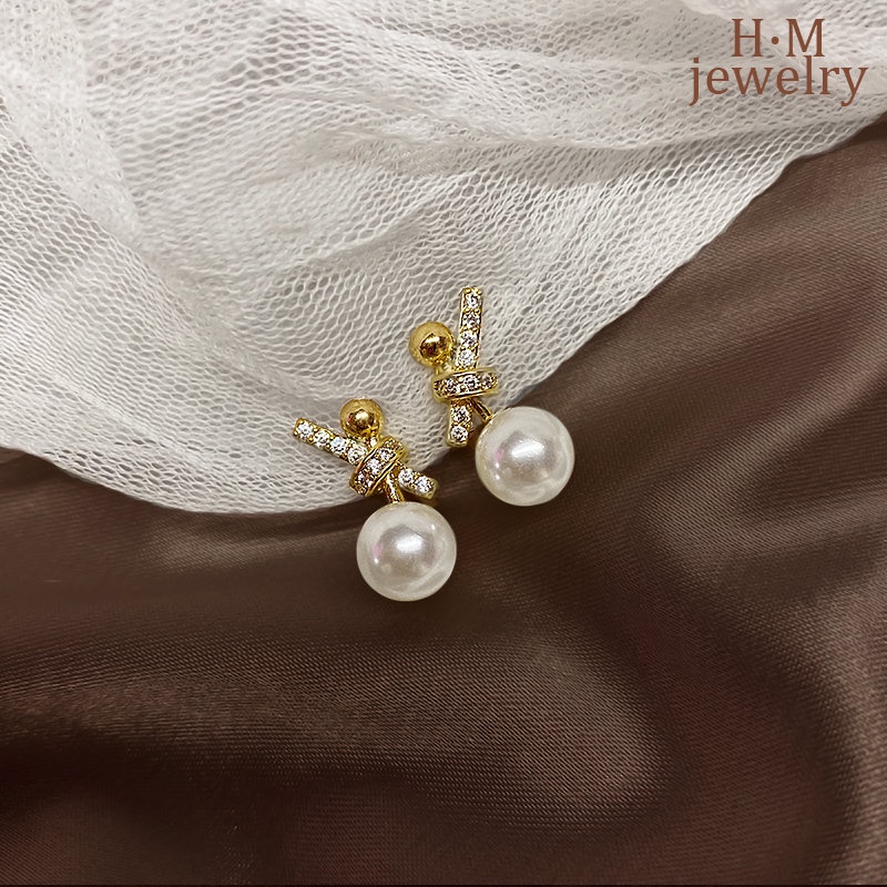 Anting Tusuk Mutiara + Berlian Imitasi Model Simpul Pita Kualitas Tinggi Untuk Wanita 2022