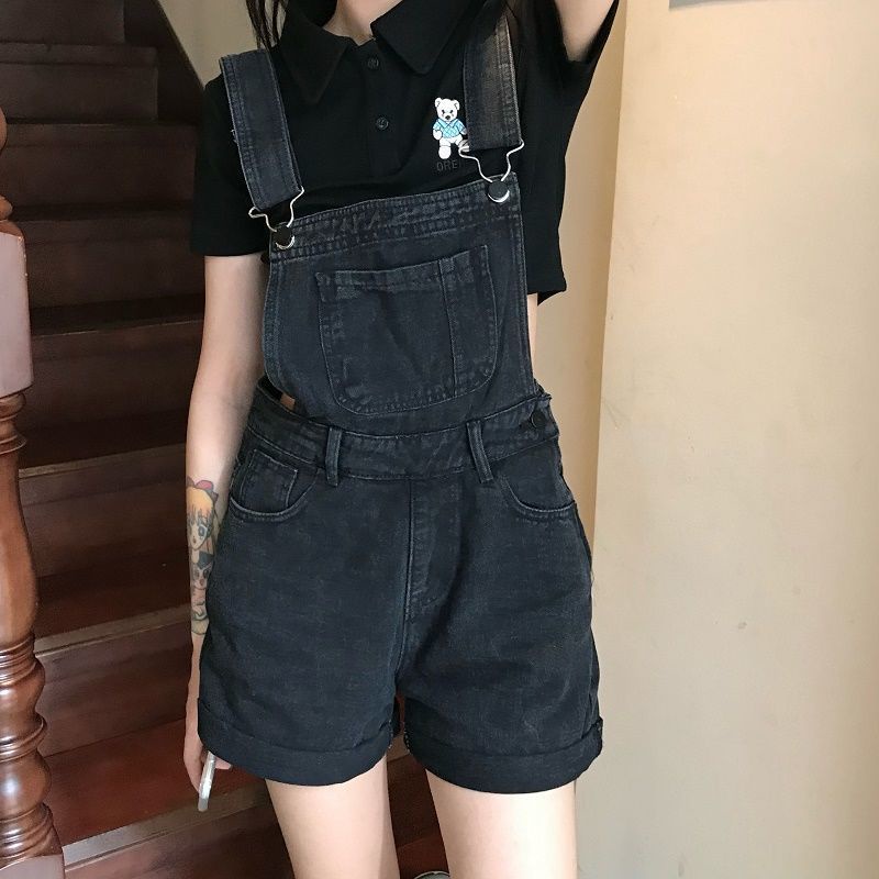 Celana pendek overall denim hitam fashion kecil longgar gaya kuliah lucu keriting pendek hot pants w