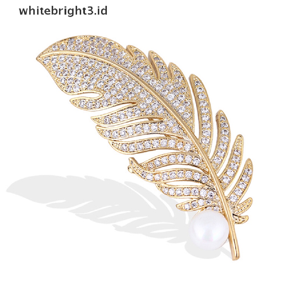 (whitebright3.id) Bros Pin Bentuk Bulu Aksen Kristal + Mutiara Imitasi Untuk Wanita