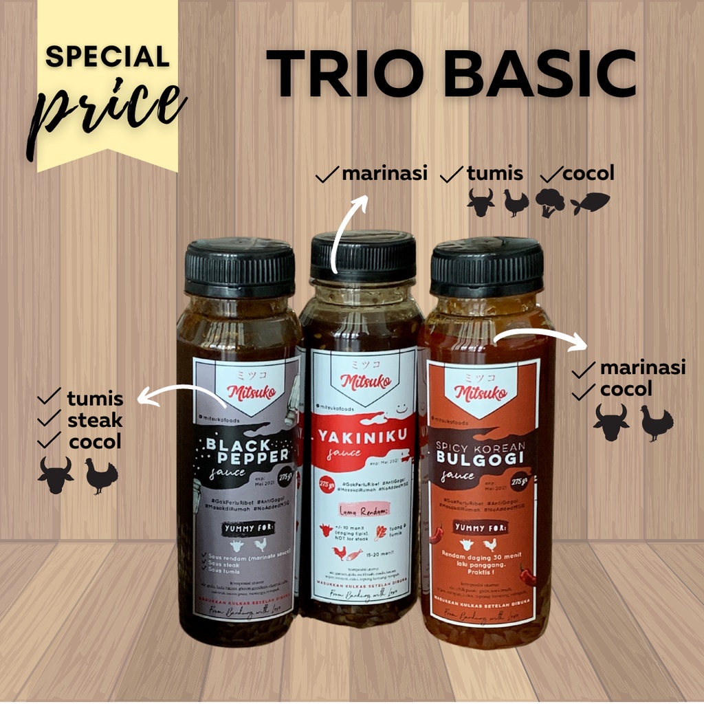 

[DISKON 16rb] 3 Saus Dasar Trio Basic MITSUKO: halal coba semua rasa saos sauce marinasi marinate yakiniku lada hitam korean gochujang