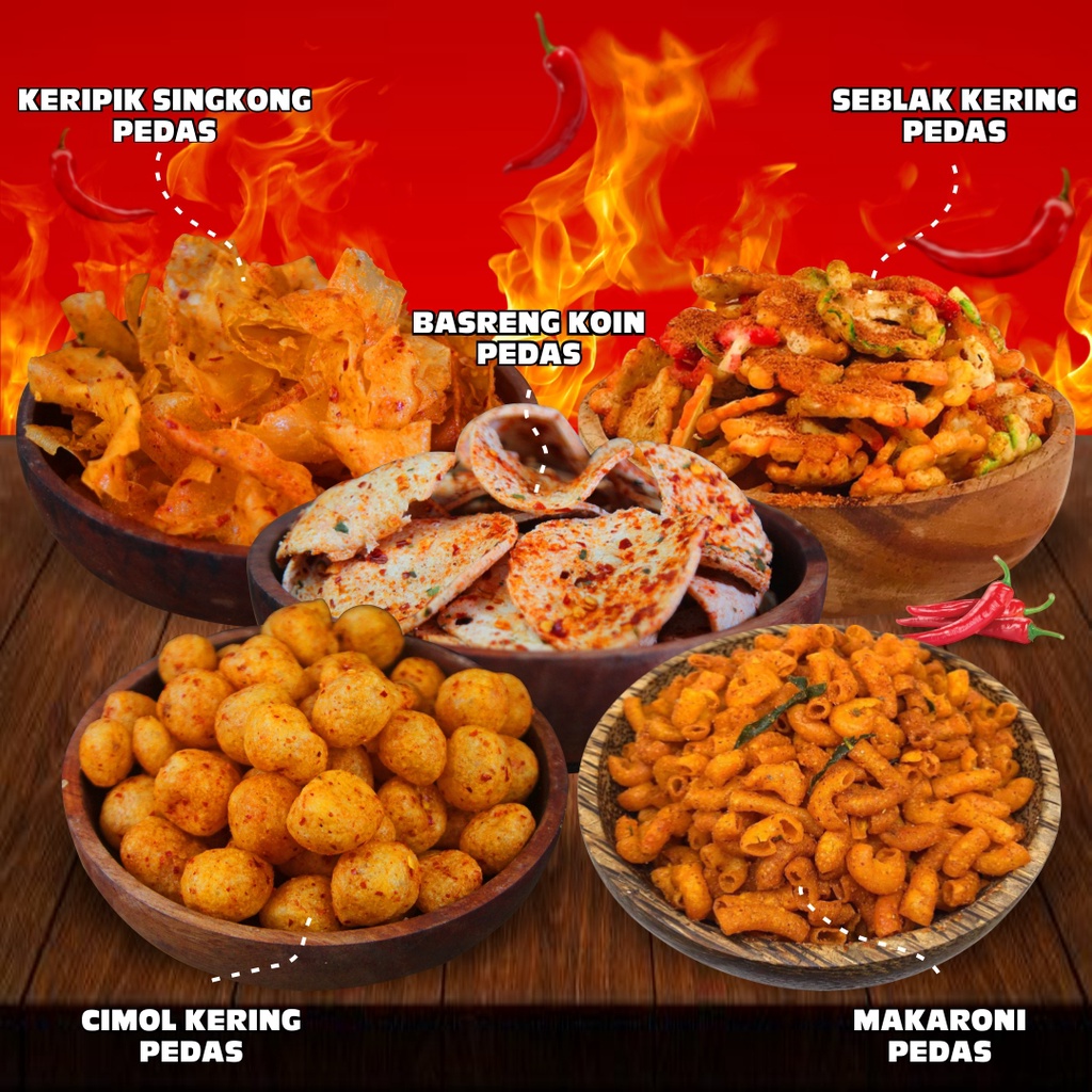 Snack Kering Pedas Original cimol crispy pedas daun jeruk Makaroni bantet tasikmalaya mojokerto Basreng baso goreng kripik basreng