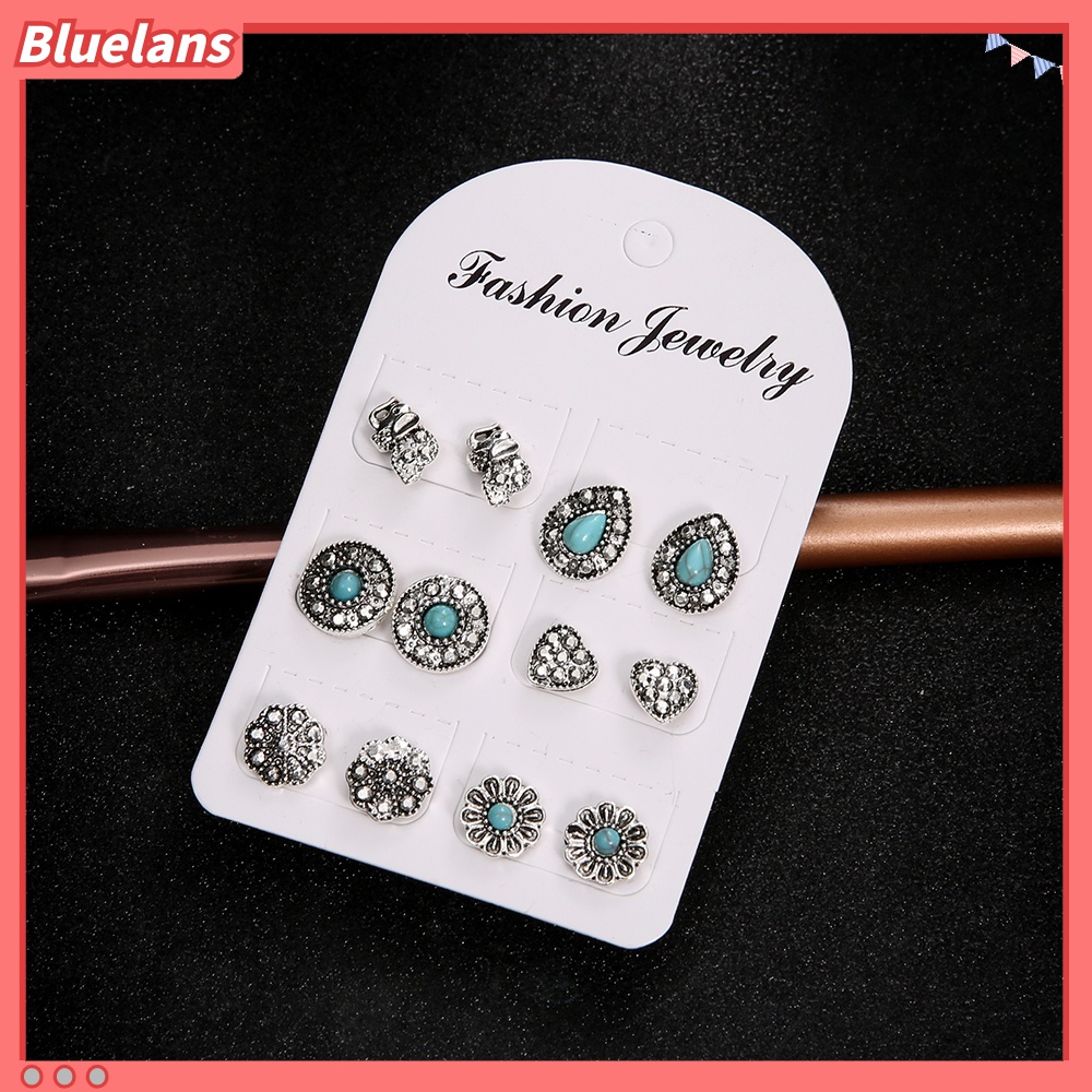 6 Pasang / Set Anting Stud Desain Gajah Hati Turquoise Gaya Boho Untuk Wanita
