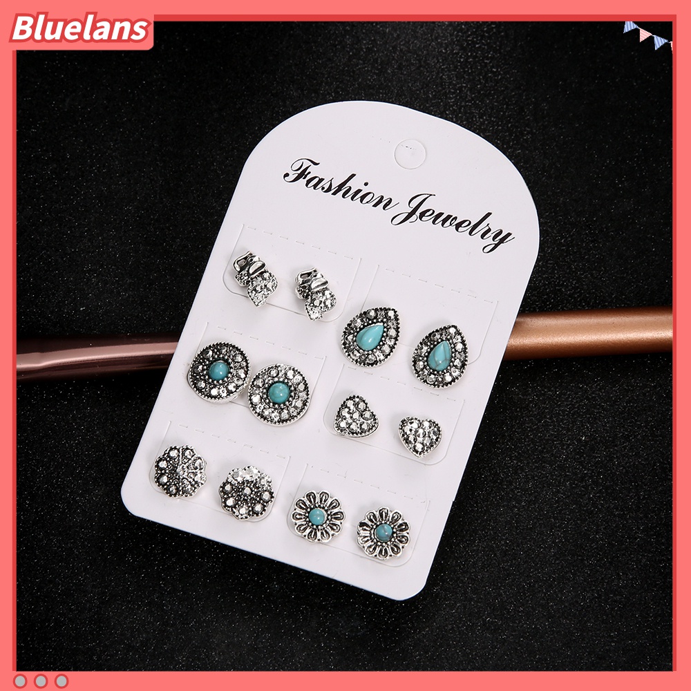 6 Pasang / Set Anting Stud Desain Gajah Hati Turquoise Gaya Boho Untuk Wanita