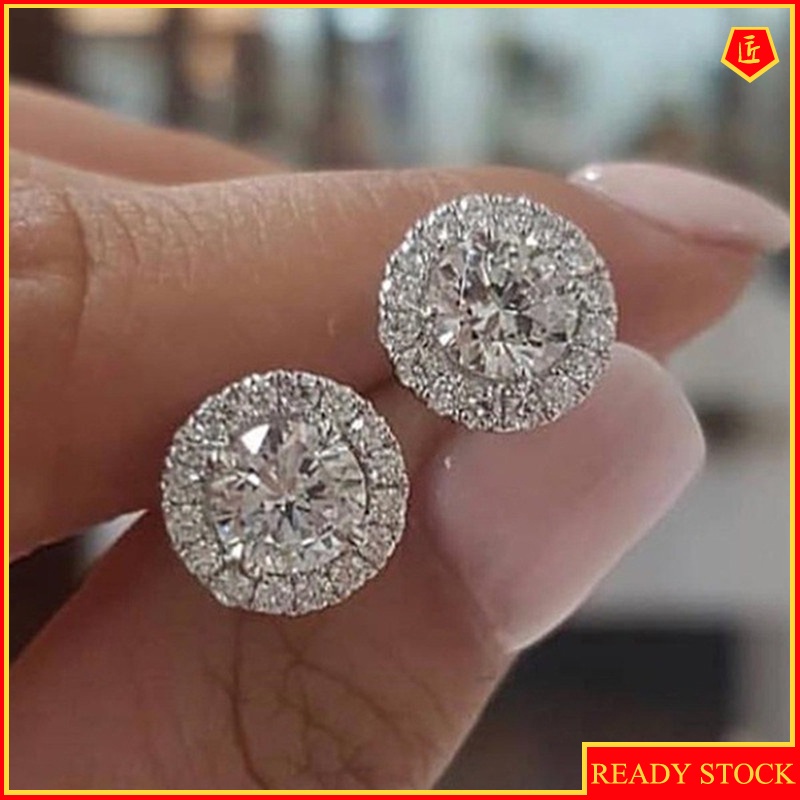 [Ready Stock]New 1 Karat round Moissanite Stud Earrings 18K White Gold