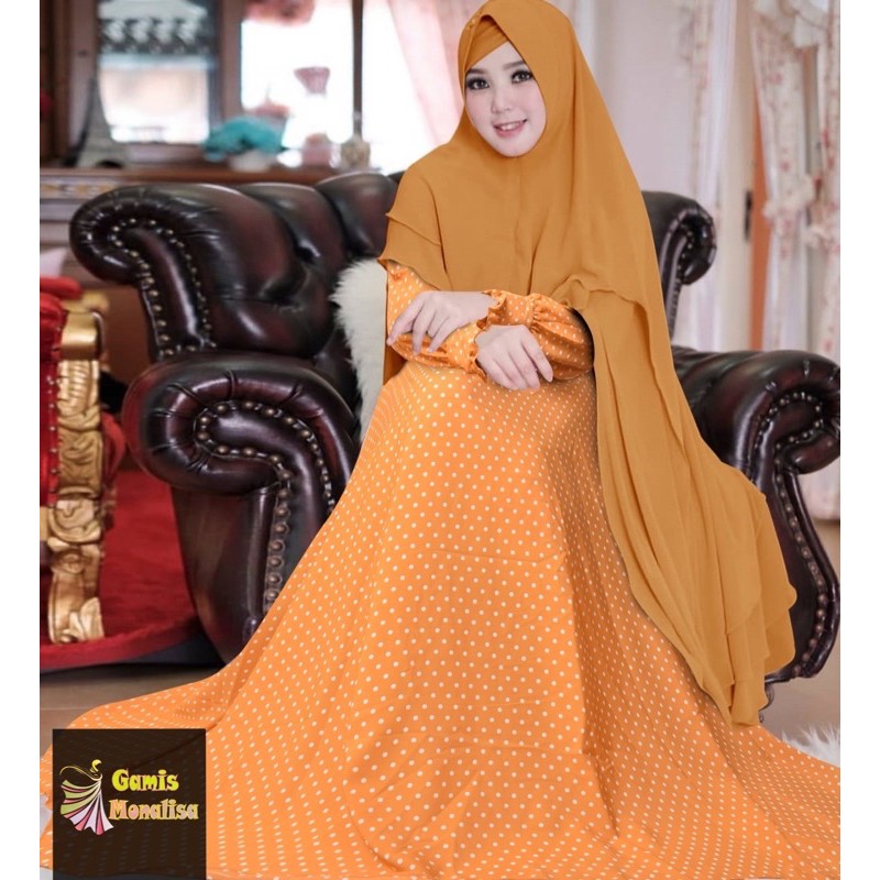 Gamis Monalisa Motif Polkadot Kecil Kuning Kunyit Lebar Bawah keliling 4 Meter set Hijab Murah Syari