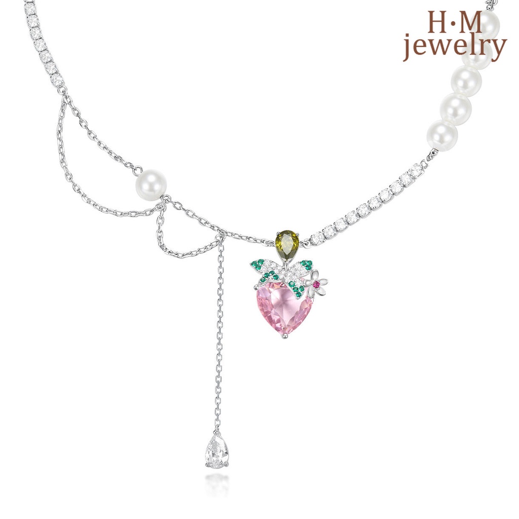 Set Kalung Anting Stud S925 Silver Bentuk Hati Hias Mutiara Berlian Warna Pink Gaya Rock