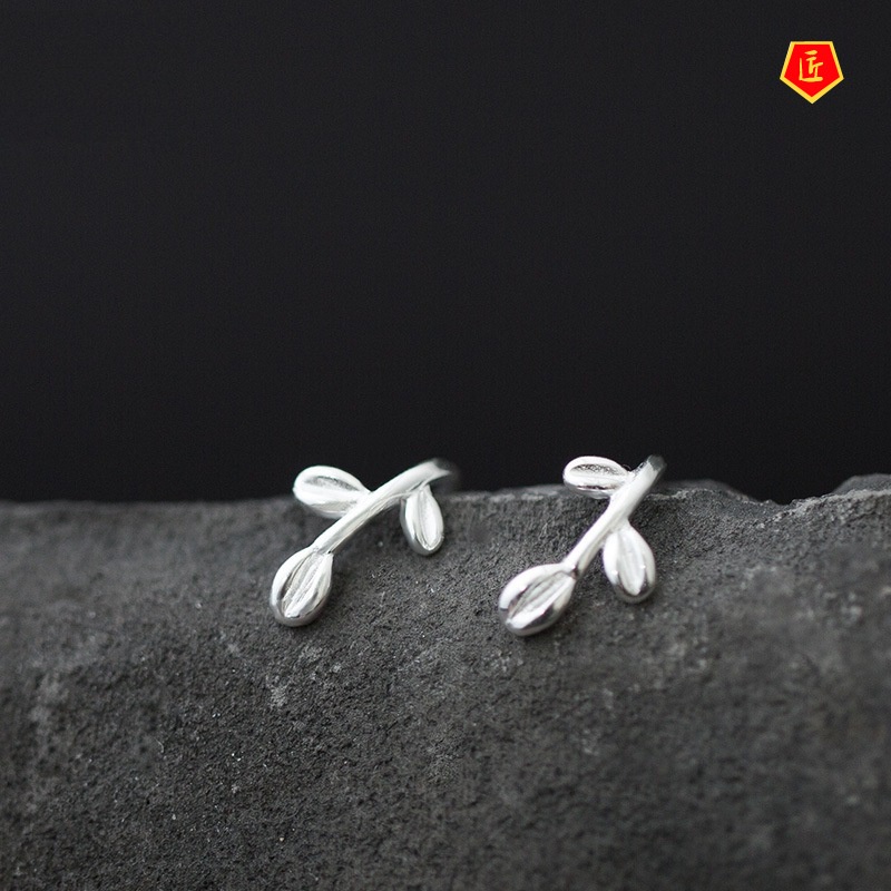 [Ready Stock]Silver Olive Branch Simple Stud Earrings Temperament