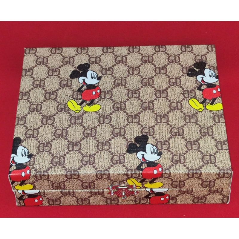 kotak perhiasaan bahan kulit sintetis motif mickey besar warna coklat unk isi 11cincin+4kotak kosong