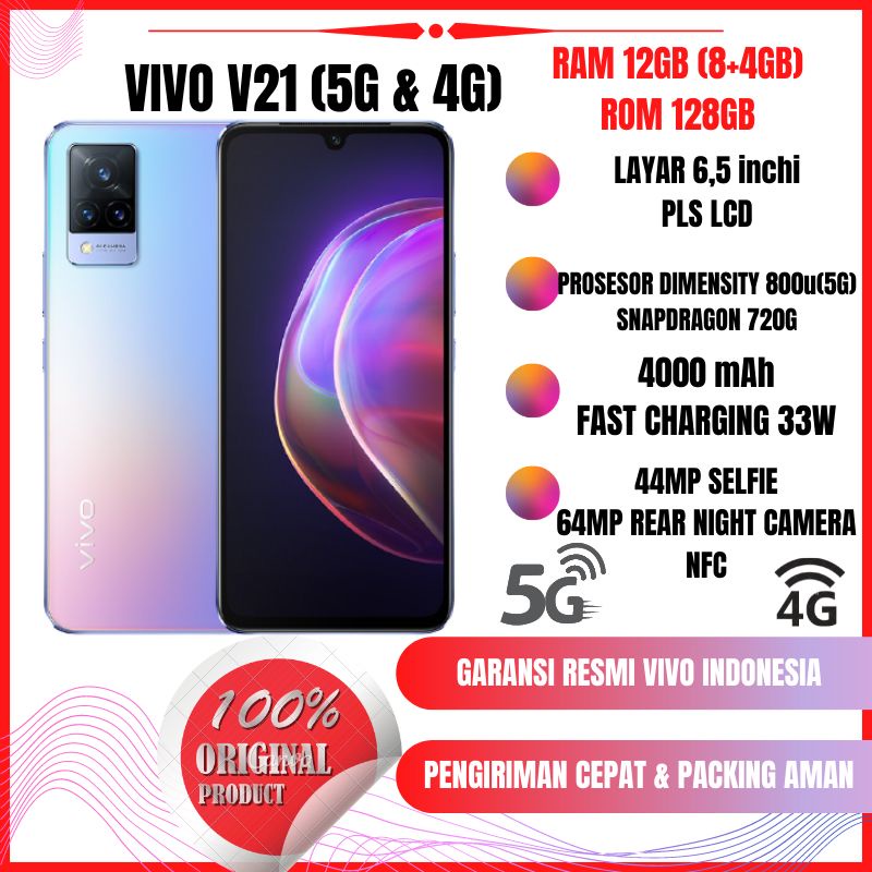 VIVO V21 5G 4G RAM 8/128GB - GARANSI RESMI SEGEL BARU