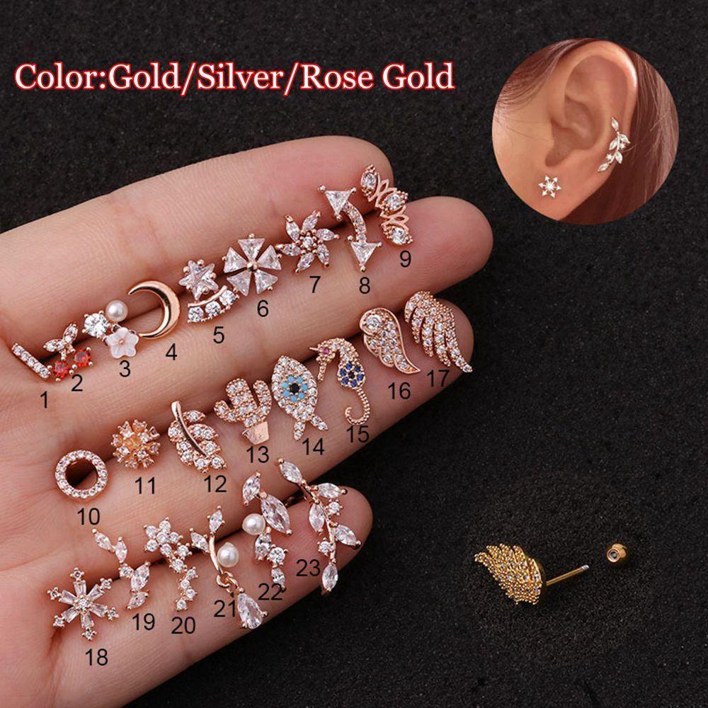 Lily 1PC Anting Tindik Chic Bulan Bintang Bunga Sekrup Belakang Hippocampus Kaktus Sayap Helix Ear Stud