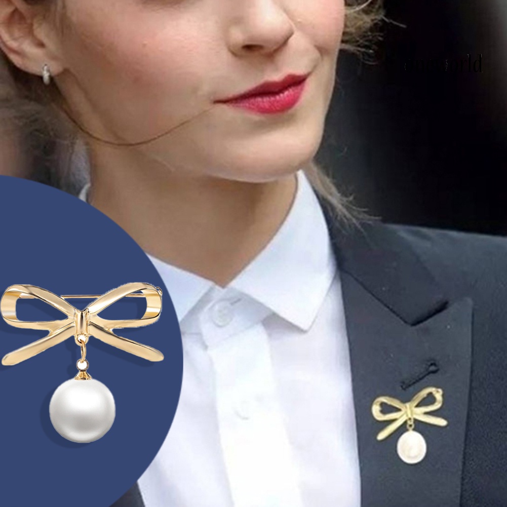 OW@ 2Pcs Women Lady Fashion Bowknot Big Faux Pearl Alloy Brooch Pins Jewelry Gift