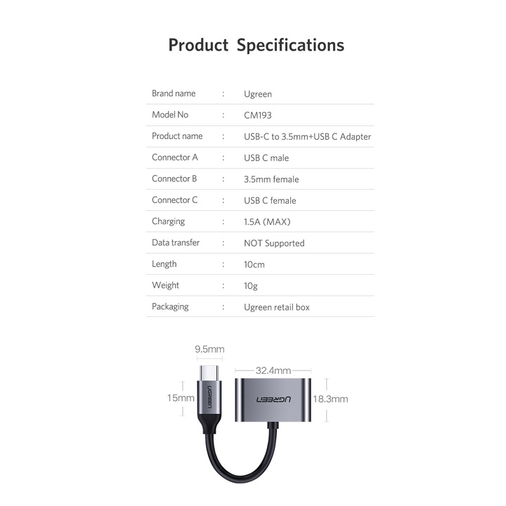 【Stok Produk di Indonesia】UGREEN Adapter Tipe C ke Jack Audio 3.5mm Model 2in1 untuk Huawei P20 Mi9