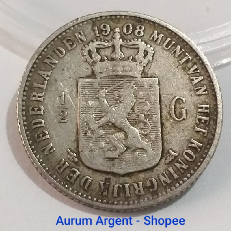 SWILH0.5G-12.. 1 PC KOIN PERAK KUNO ASLI 1/2 GULDEN WILHELMINA TH.  1908. -- SILVER COIN --