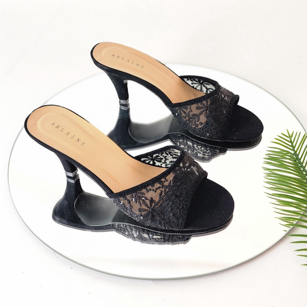Arlaine - NEW Miracle High Heels Wanita / Heels Brukat / Heels Pesta / Heels 7cm / Sandal Heels Wanita [Hitam - Salem]