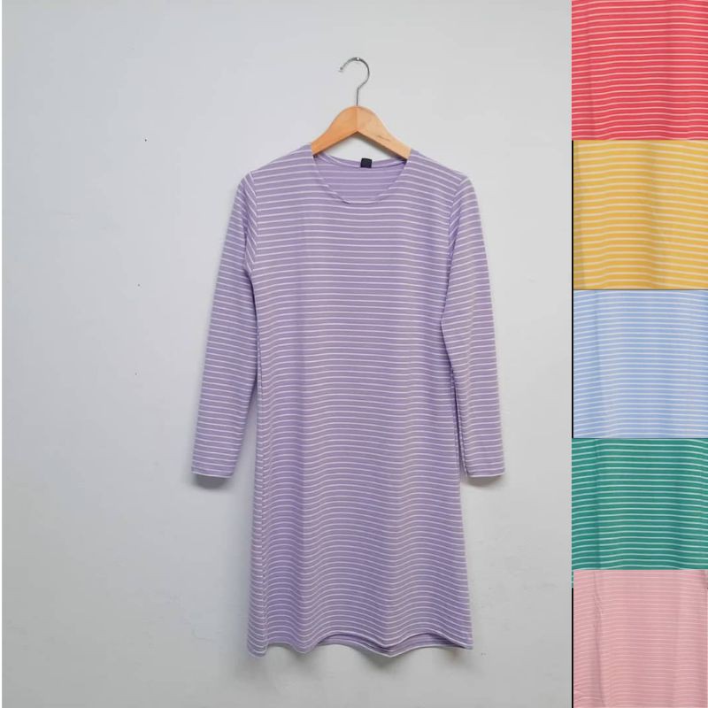 Tunik Stripe tee Kaos Tunik Salur Premium Lengan Panjang Simple Warna Pastel
