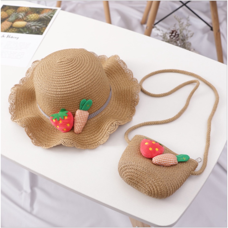 Topi bulat anak / topi anyam anak dan tas anyam anak strawberry wortel