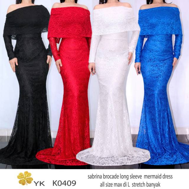 0409 Yueki Long Dress Brokat Sabrina Lengan Panjang Merah Biru Putih Hitam Duyung Import Party