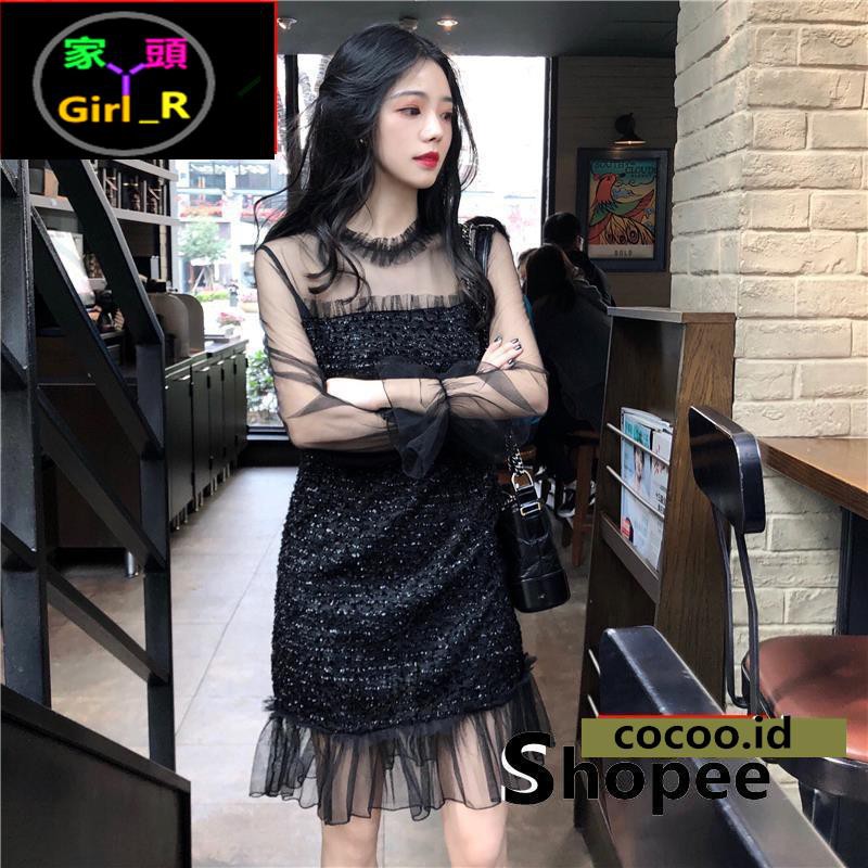 GIRLMAID Dress Selutut Model Hongkong/Korea Sexy Lengan Panjang Terompet Aksen Lace untuk Wanita