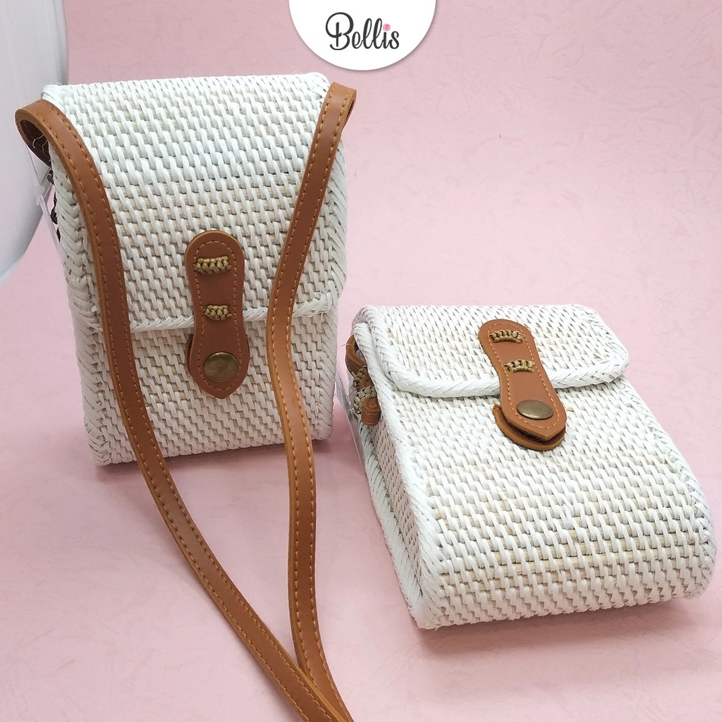 Tas Selempang Wanita Rotan Kotak Kecil Sling Bag Putih Strap Kulit