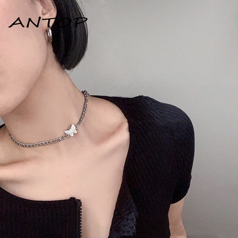 Kalung Choker Rantai Silver Tebal Desain Kupu-Kupu Hias Berlian Gaya Retro Korea Untuk Wanita ANTOP