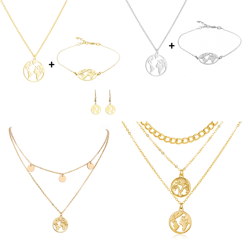 Set Kalung Gelang Dan Anting Multilayer Warna Emas Untuk Wanita