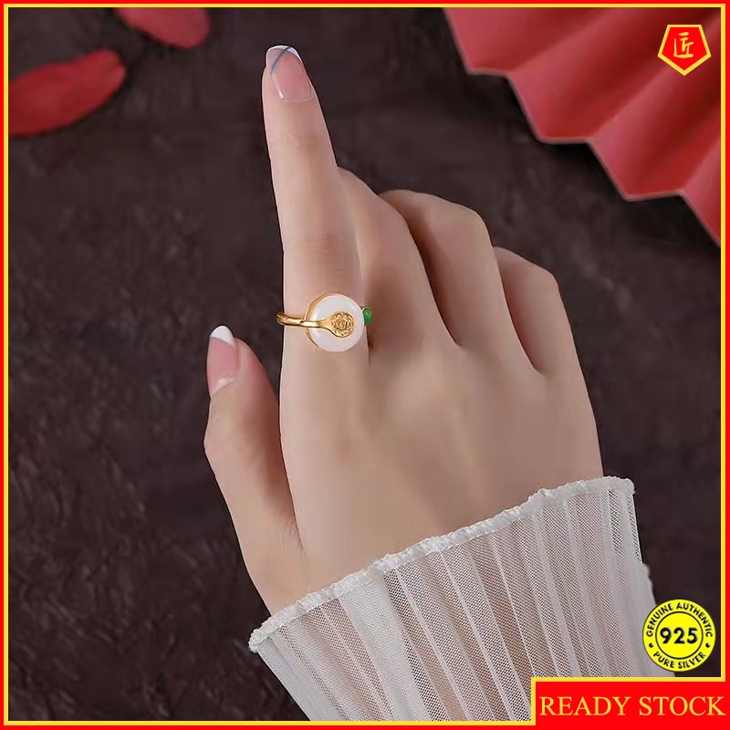 Cincin Giok Hetian Model Terbuka Gaya Retro Nasional Untuk Wanita