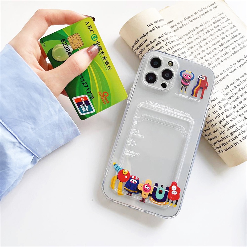 Casing Compatible for iPhone 14 13 12 11 Pro Max X XR Xs Max SE 2020 iPhone 6 6s 7 8 Plus 13 12 Mini Cartoon Art Transparent Card Holder Phone Case Precision Hole TPU Protective Phone Cover