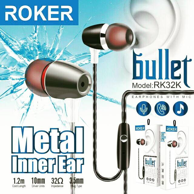 headset HF stereo bass ROKER BULLET inner earphones handsfree Bass bulat Jernih metal