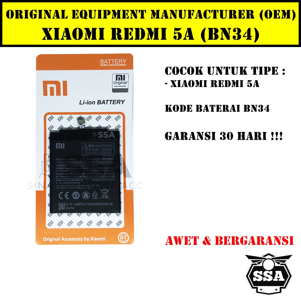 Baterai Xiaomi Redmi 5A BN34 Original OEM BN 34 Batu Batre Batrai Xiao Mi 5 A Garansi Awet HP Ori