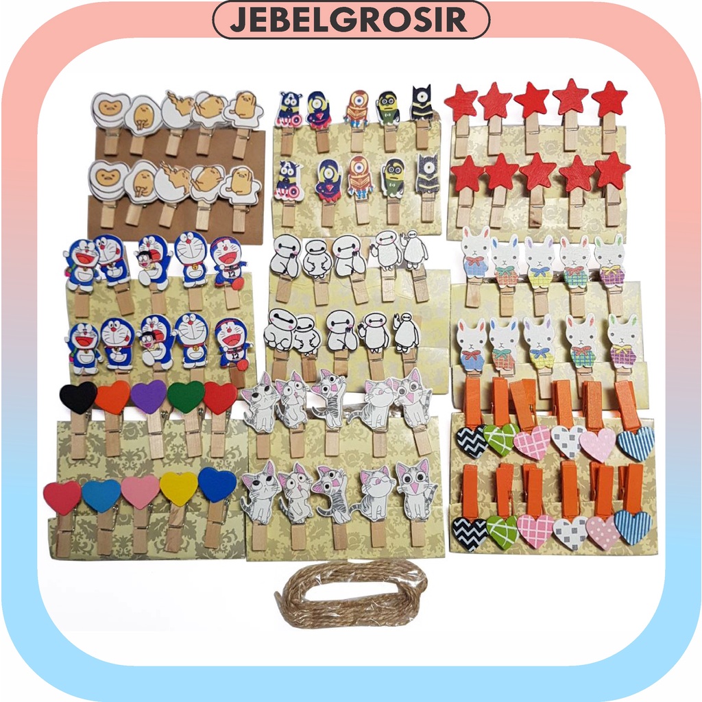 Wooden Clip Jepit Kayu Karakter Jepitan Foto Karakter 10 pcs Free TALI rami 1.5m 11