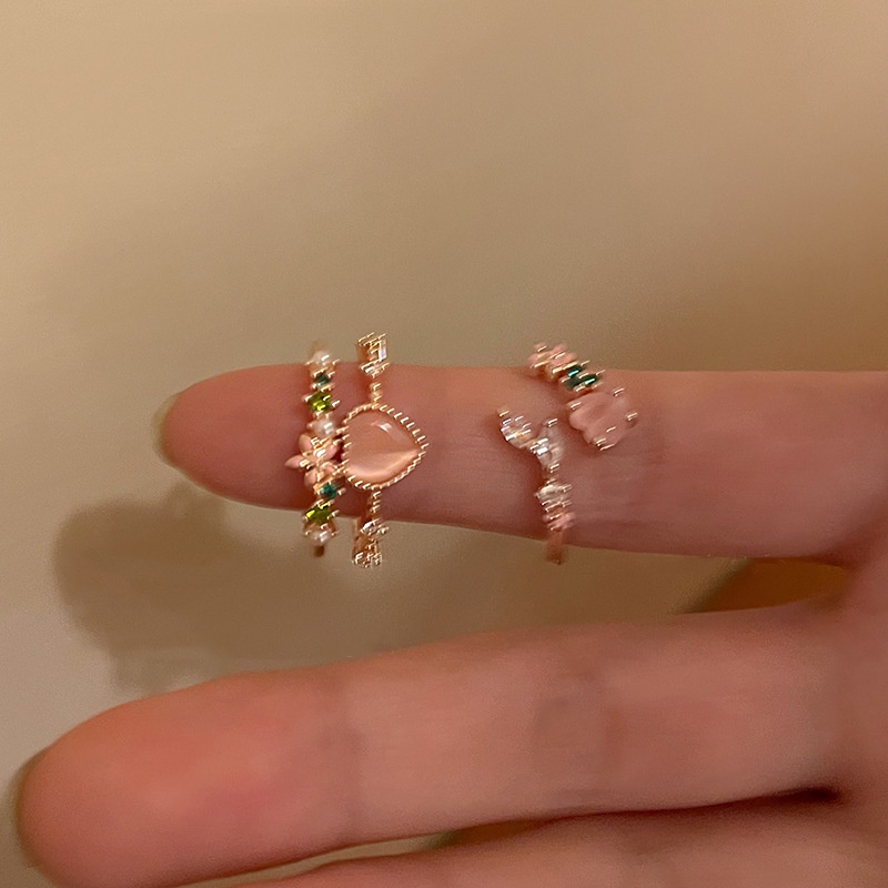 Cincin Model Terbuka Desain Hati Ganda Aksen Zirkon Gaya Korea Untuk Wanita