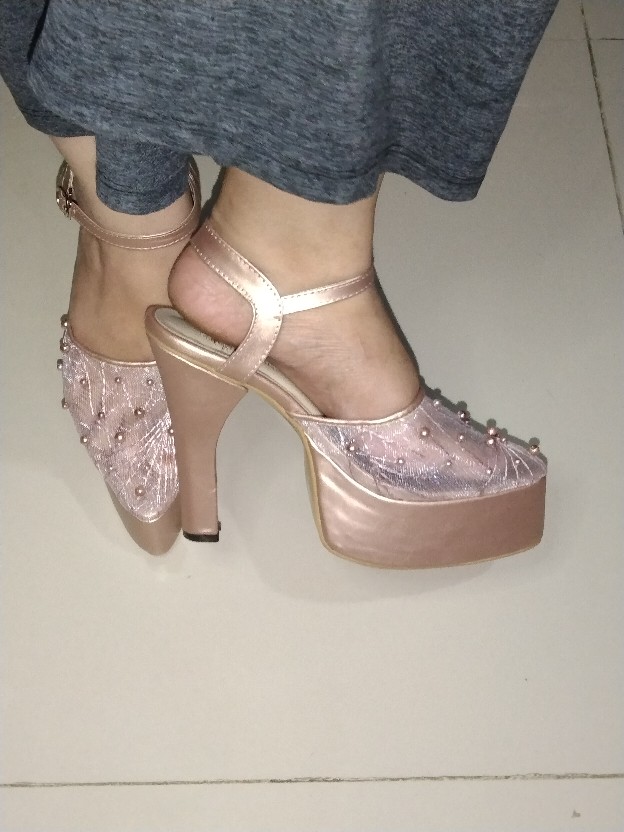 Sepatu Purri Rosegold Abstrak Lace Mutiara Tabut Tinggi 12cm