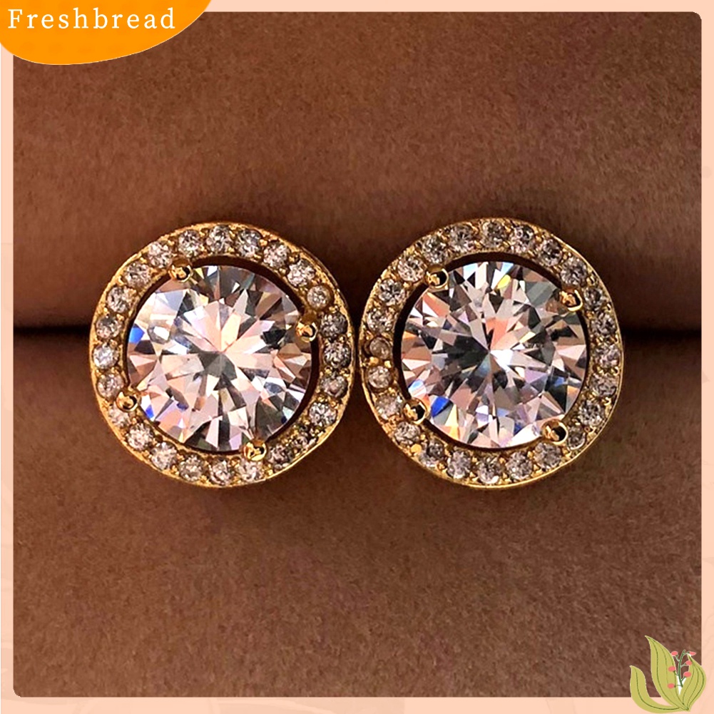 Fresh| Anting Stud Bentuk Bulat Aksen Berlian Imitasi Bahan Alloy Untuk Wanita