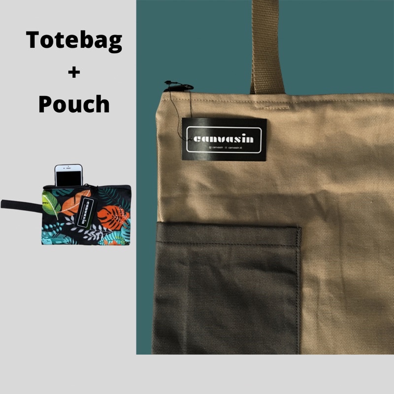 Tote bag black &amp; grey &amp; pouch orange leaf