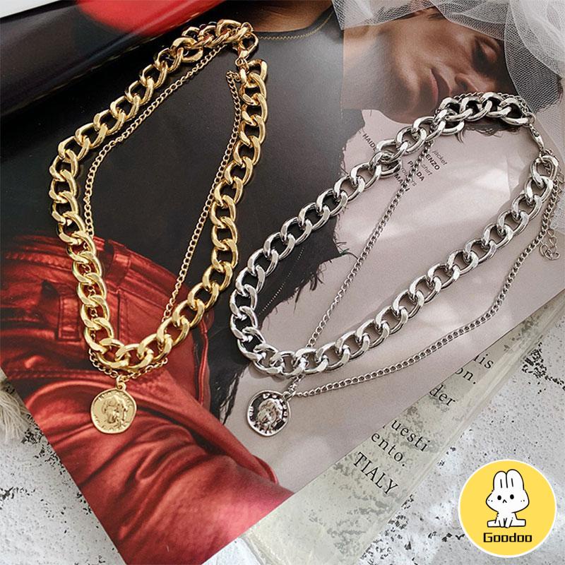 Kalung Rantai Double Layer Dengan Liontin Bahan Titanium-SWteel Gaya Hip Hop -Doo