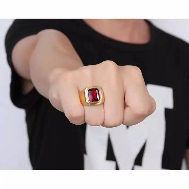 Cincin Pria Octagon Minimalis Ring Titanium Stainless Steel Warna Gold Batu Akik Merah Red Ruby